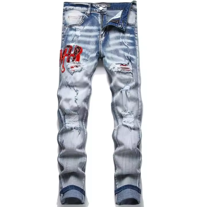 Vaqueros rasgados elásticos ajustados para hombre, pantalones de cintura alta flexible de moda de pierna recta desgastados - 1