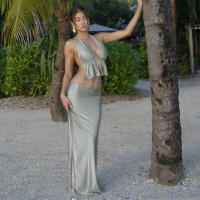 BUNO-Conjunto de faldas con espalda descubierta para Mujer, traje de playa elegante con cuello Halter y falda larga lisa, 2025 - details 2