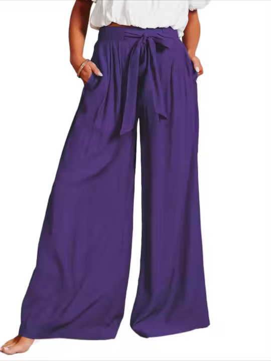 Pantalones elegantes de pierna ancha y cintura alta para mujer, clásicos de verano en color morado - 1