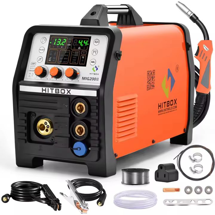 Soldadora MIG HITBOX 200A 4 en 1 LCD Antiadherente MMA/Gas MIG sin Gas/LIFT TIG Compatible con Pistola de Carrete Máquina de Soldar Portátil para el Hogar 220V - 1