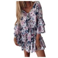 Elegante Vestido de Fiesta Impreso para Damas Cuello en V, Manga Corta con Volantes, Corte A-línea, Dulce y Elegante de Verano - details 2