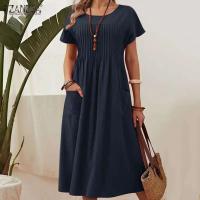 ZANZEA-Vestido elegante de verano, Vestido de manga corta con cuello de pico a la moda para mujer, Vestido veraniego plisado liso a media pantorrilla, Vestido informal de trabajo OL, caftán - details 3
