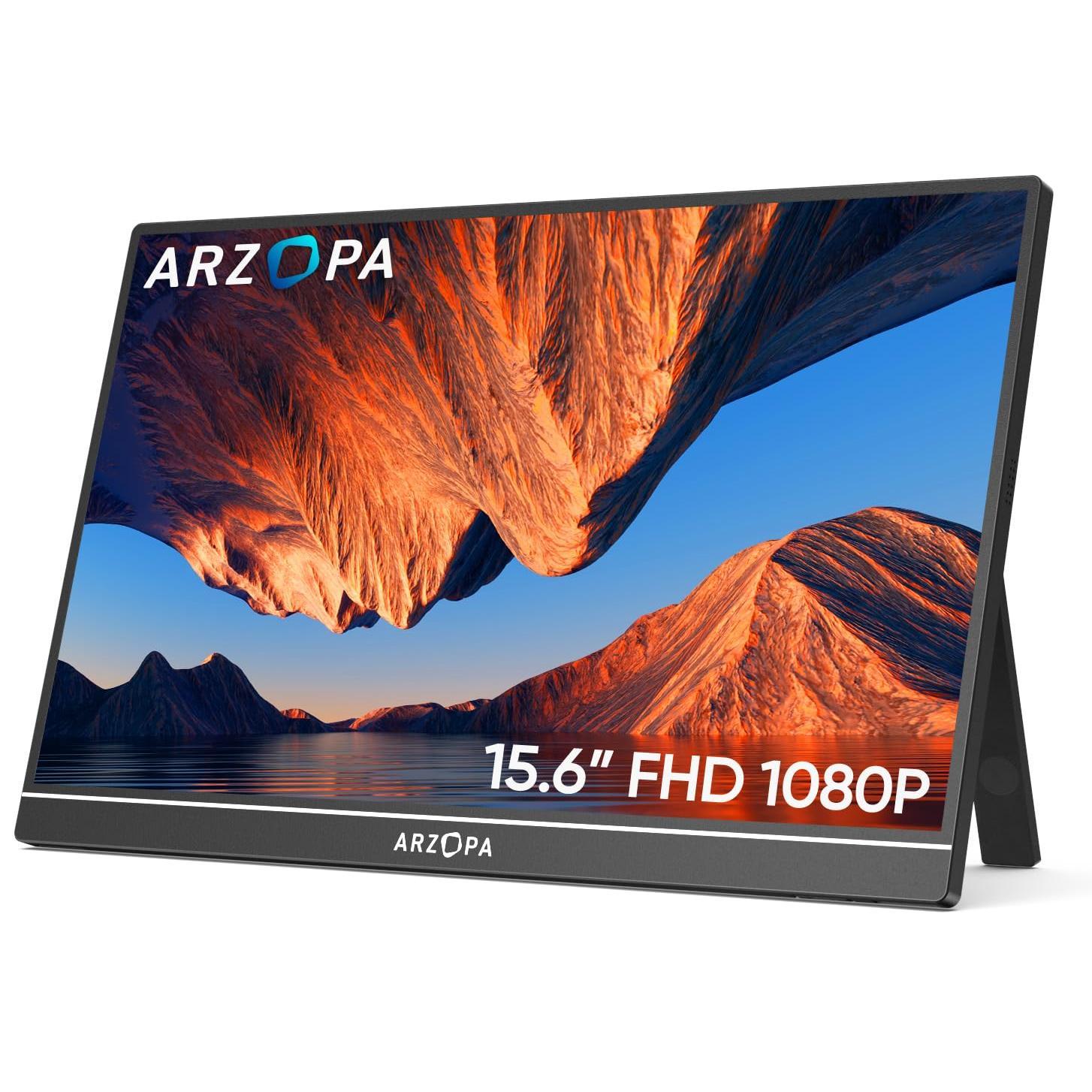 ARZOPA Monitor Portátil 15.6'' Alta Resolución 1080P IPS Audio Incorporado Montaje en Escritorio