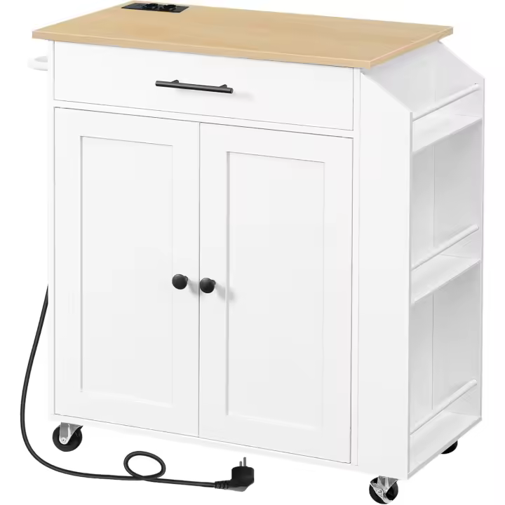 Isla de Cocina con Tomacorriente, Carrito de Comedor con Cajones, Carro con Especiero, 80,8 x 38 x 86 cm, Blanco y Natural EWN82CZD01 - 1