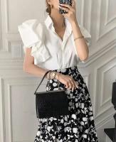 Camisa negra casual para mujer, blusa de manga corta única, estilo palaciego, tops con botones, blusa de verano - details 9