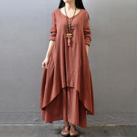 Anself primavera moda mujer Casual vestido suelto Color sólido manga larga vestidos de mujer de gran tamaño talla grande Boho largo Maxi vestido - details 9