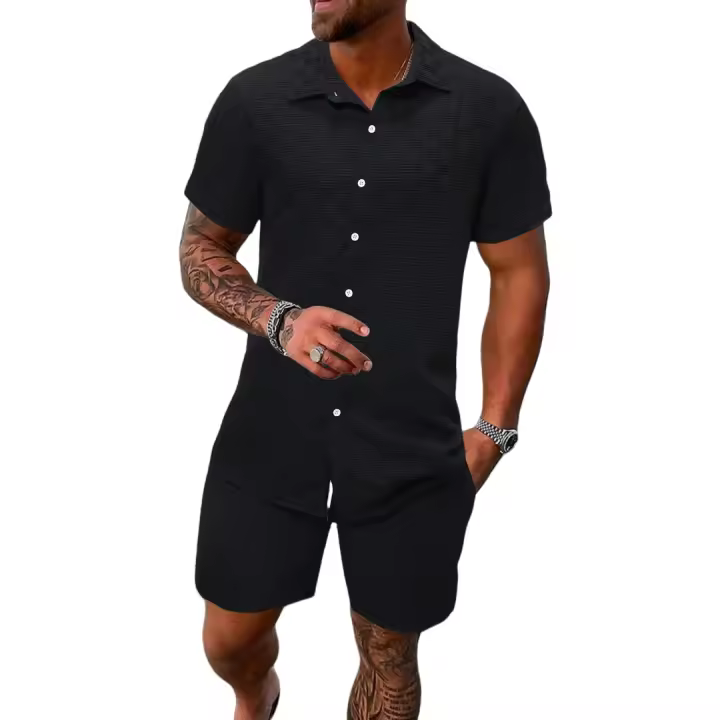 Conjunto de 2 piezas de camisa de manga corta de color liso y pantalones cortos para hombre, para verano - 1