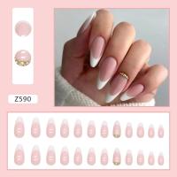 24pcs Uñas Postizas De Acrílico Long Almond Con Diseño De Mariposa Negra Y Flores Moradas Estilo Francés Para DIY - details 3
