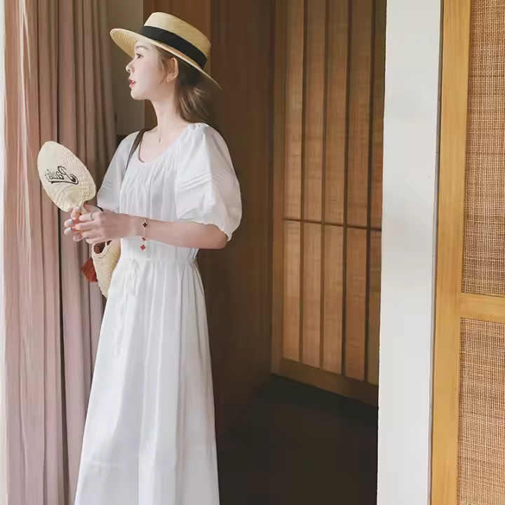 Vestido de Verano 2025 para Mujer Estilo Francés Suave y Adelgazante con Mangas de Burbuja y Falda de Princesa Dulce - 1