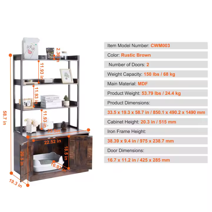 SucceBuy Caja de arena para gatos, mueble de caja de arena oculta con estantes de almacenamiento, baño de madera para gatos en interiores - 1