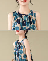 Vestido de Lino de Algodón para Mujer en Talla Grande Bohemia Cuello Redondo Sin Mangas Falda Larga de Ajuste Suelto Estampado - details 13