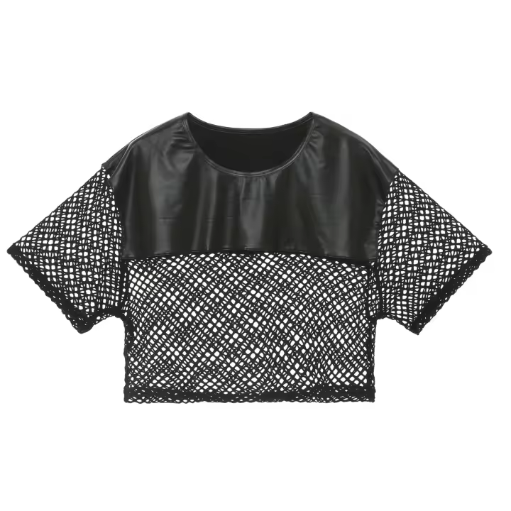 Tops cortos sexys para hombre Lencería de malla de cuero PU Mini chaleco Manga corta Muscle Clubwear Sujetadores Traje erótico Cuello en O - 1