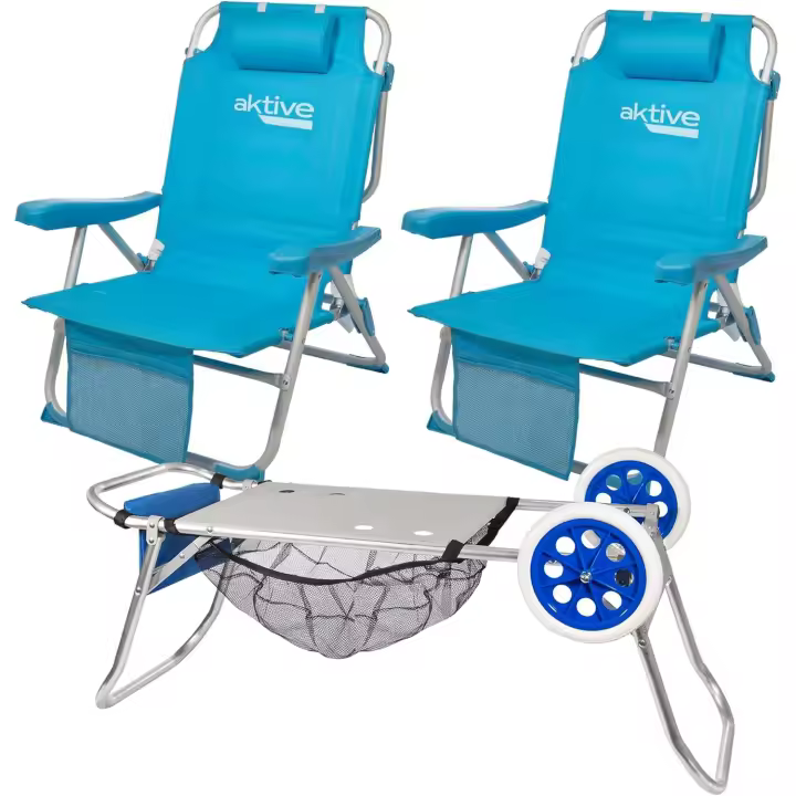 2 Sillas plegables de playa, con cojín, tipo mochila, respaldo reclinable, con dos bolsillos + 1 Carro de playa plegable convertible en mesa 2 en 1 - 1