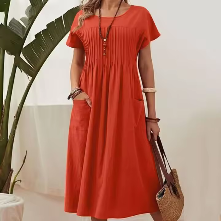 Nuevo vestido plisado de lino y algodón de manga corta con bolsillos y cuello redondo de Color sólido para mujer, vestidos Midi verde militar - 1