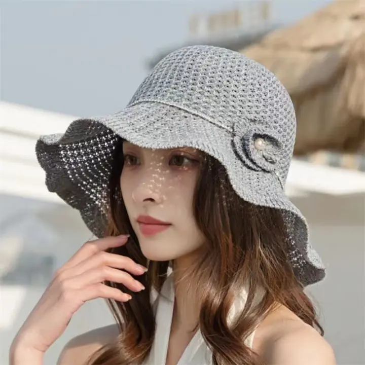 Sombrero de Playa Plegable Coreano Protección Solar con Estilo Sombrero de Pescador con Flor de Paja para Mujeres Moda de Verano - 1