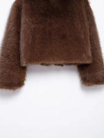 TRAFZA-Chaqueta de piel sintética para mujer, abrigo holgado de manga larga con cuello vuelto, color liso, informal, para invierno, 2024 - details 15