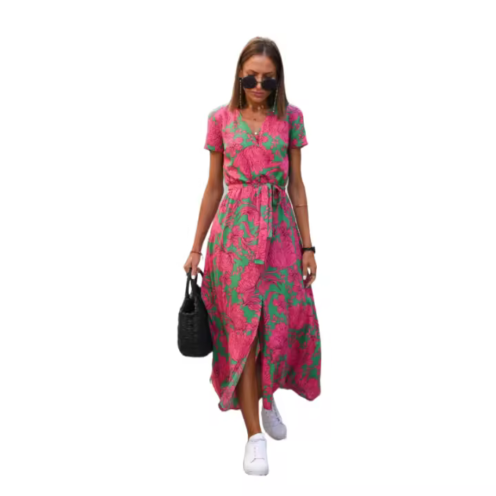 Vestido de manga corta para mujer, estampado a rayas, cuello en V, longitud media - 1