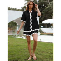 Conjunto de dos piezas de camisa de manga corta con botones y pantalones cortos holgados casuales de moda para mujer, primavera verano. - details 15