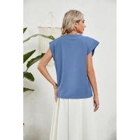 BUNO-2025 Tops para mujer, pantalón corto informal de moda de verano, camisetas básicas con textura a rayas de Color sólido y cuello redondo - details 48
