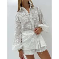 Conjunto de Algodón Blanco para Mujer de 2 Piezas Conjunto Informal de Jacquard con Botones y Manga en la Muñeca Camisas y Pantalones Cortos de Cintura Alta para el Verano - details 2