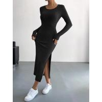 Estilo europeo y americano 2025 nuevo vestido largo de punto de cuello redondo de manga larga mujer - details 11