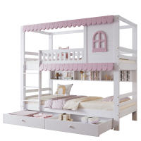 Litera, Cuna Con ventanas, con protector abatible, Estante abierto, Cueceras rosas, Dos cajones con ruedas, Mucho espacio de almacenamiento, Pino+MDF, Blanco+Rosa, 90x200cm - details 3