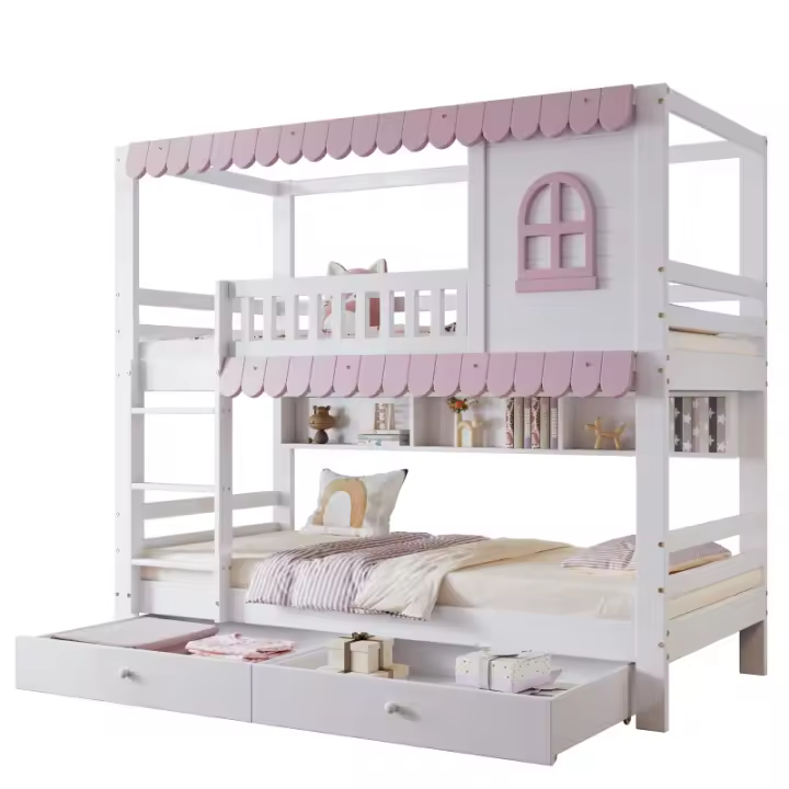 Litera, Cuna Con ventanas, con protector abatible, Estante abierto, Cueceras rosas, Dos cajones con ruedas, Mucho espacio de almacenamiento, Pino+MDF, Blanco+Rosa, 90x200cm - 1