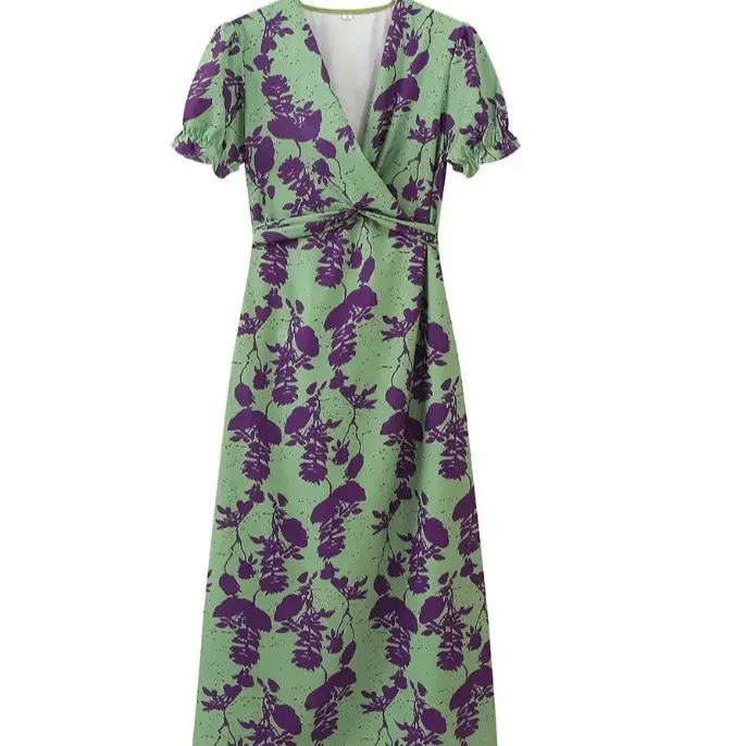 SSITO Vestido Largo con Cuello en V para Mujer, traje Elegant de Manga Short, Moda de Verano - 1