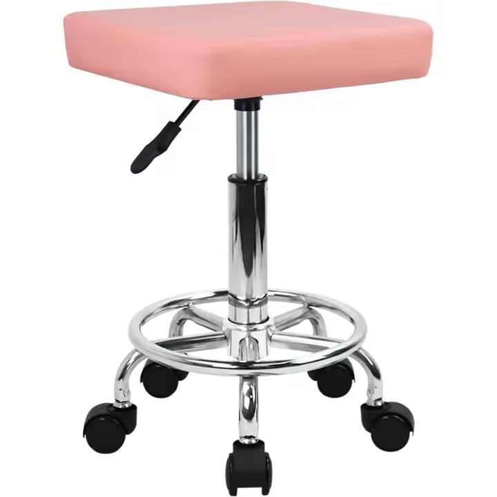 Taburete Giratorio de Masaje SPA Altura Ajustable Diseño Cuadrado Material de Cuero PU Color Rosa - 1