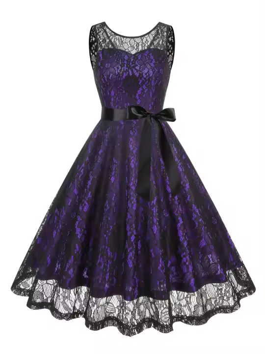 Vestido de Encaje con Cuello Redondo Retro de Ouwu Sin Mangas, Cinturón Enchufable, Estilo Vintage para Mujeres Perfecto para Fiesta de Halloween o Cumpleaños - 1