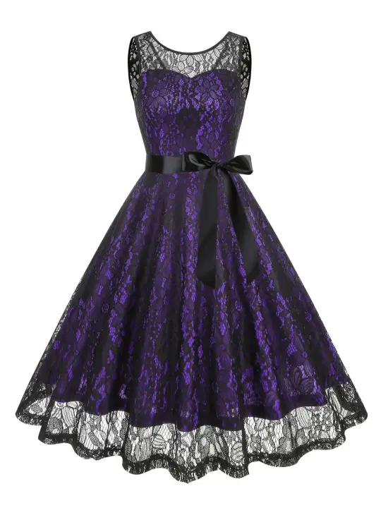 Vestido de Encaje con Cuello Redondo Retro de Ouwu Sin Mangas, Cinturón Enchufable, Estilo Vintage para Mujeres Perfecto para Fiesta de Halloween o Cumpleaños - 1