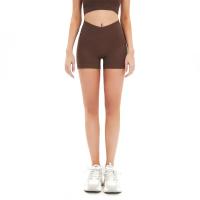 Pantalones cortos de yoga para mujer, pantalones cortos de fitness, pantalones cortos elásticos acanalados con cintura en forma de V de color sólido sin costuras, pantalones cortos con cuerda para saltar - details 4