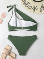 Bikini de un hombro para mujer, traje de baño negro liso, conjunto de dos piezas, ropa de playa, 2024 - details 9