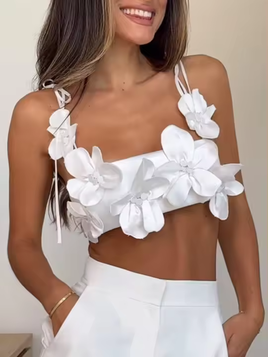 OUWU- Elegantes tirantes cortos y finos con flores 3D para mujer, tubo sin mangas con diseño sin espalda, tops de playa de moda para mujer - 1