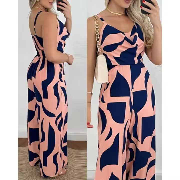 Chaleco informal plisado con cuello en V, temperamento moderno, camisola con espalda y cintura expuestas, mono de pierna ancha - 1
