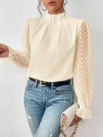 Jersey elegante de Cuello medio alto para mujer, de Color sólido Camisa de gasa, blusa de manga larga con volantes ondulados, Tops sueltos informales para mujer, novedad - details 2