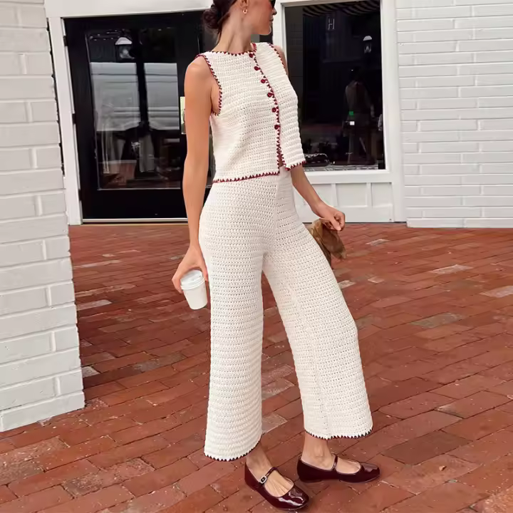 Moda Primavera-Verano 2025 para Mujeres Estilo Casual con Cuello Redondo y Sin Mangas Chaleco de Cintura Alta Pantalones Traje - 1