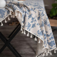 Mantel Cuadrado Retro Azul y Blanco Tela de Lino Sintético Lavable para Buffet Cocina - details 2