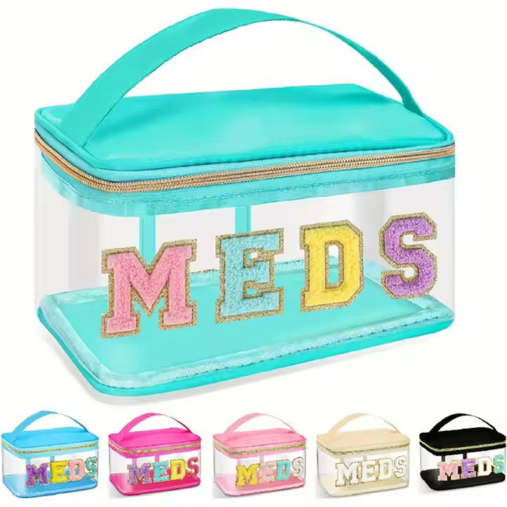 Bolsa de cosméticos bordada a prueba de agua, bolsa de almacenamiento de medicina de PVC con parches de letras, bolsa de almacenamiento de artículos de tocador portátil de gran capacidad - 1