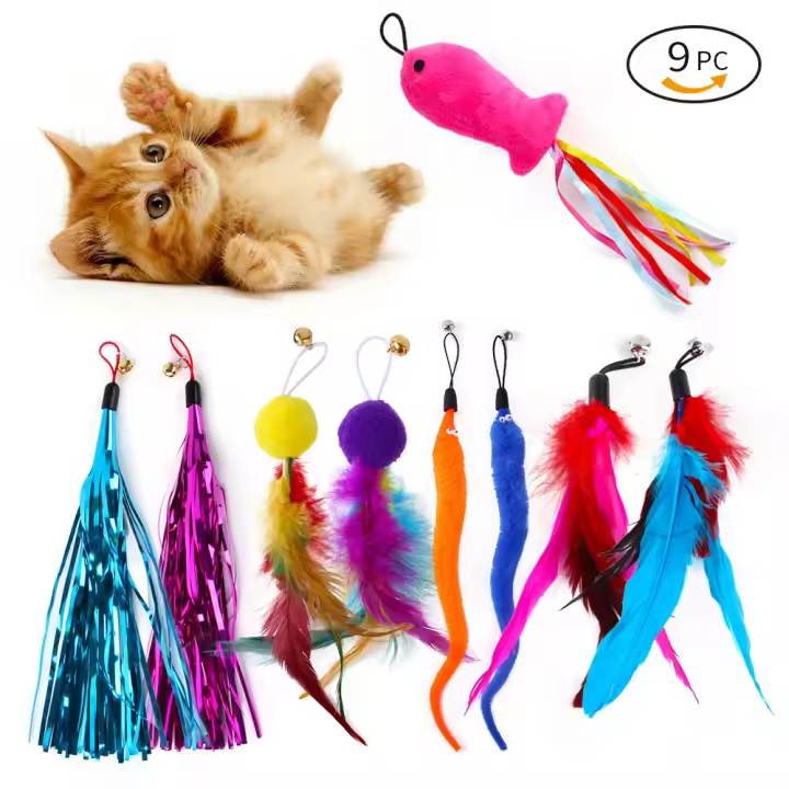 Juego de Plumas para Gato Pack de 9 Plumas de Pesca con Borla Juguete Interactivo para Mascotas - 1