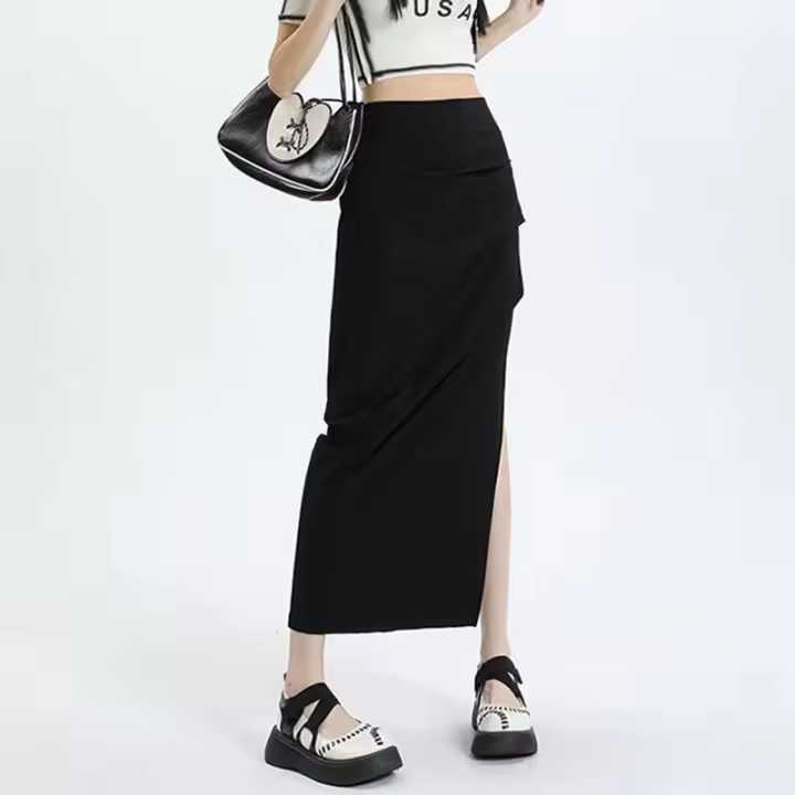 Lucy - Falda midi ajustada con abertura lateral y cintura alta para mujer, estilo coreano, Y2K - 1