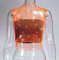 Top corto de malla con diamantes de imitación para mujer, chaleco Sexy con hombros descubiertos, ajustado, transparente, elástico, talla grande, Blanco, Negro, beige, Verde - details 8