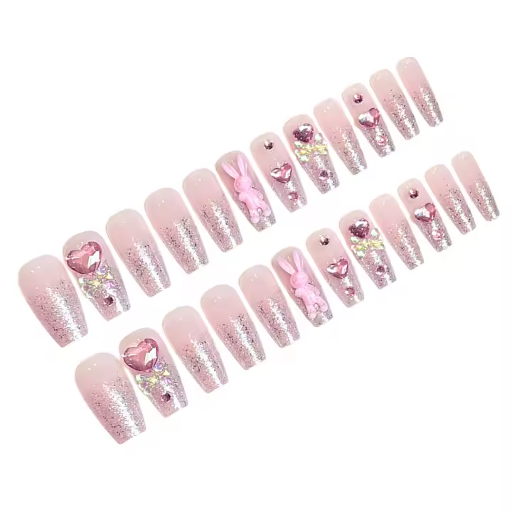 Uñas postizas rosadas con dije de conejo Manicura cómoda para uso profesional en salón de manicura - 1
