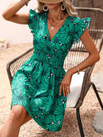 Vestido corto con estampado Floral para mujer, minivestido informal con manga con volantes, Color Verde S - details 3
