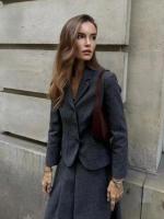 Blazer de lana sintética texturizada para mujer, traje con solapa, chaqueta ajustada con una hilera de botones, falda tipo capa plisada de cintura alta, conjunto elegante de invierno - details 2