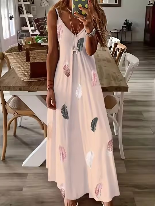 Vestido de mujer con cuello en V cruzado y estampado de plumas, talla grande, Europa y Estados Unidos, 2025 - 1