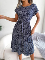 Spring Summer Women Short Sleeve Pleated Long Dress Elegant High Waist Floral Fashion A-line Dress - details 15