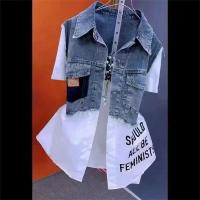 Chaqueta de moda sual para mujer, dos camisas vaqueras falsas a rayas - details 3