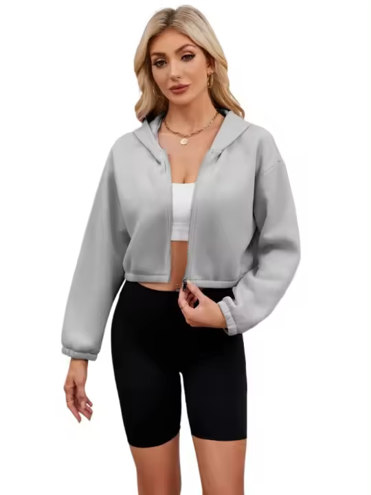 Sudadera con capucha y cremallera para mujer, estilo holgado, corto y plano, a la moda - 1