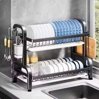 Secador de Platos Compacto de 2 Niveles A Prueba de Óxido, Organizador de Counter de Cocina con Tablero de Drenaje y Soporte de Utensilios - details 3
